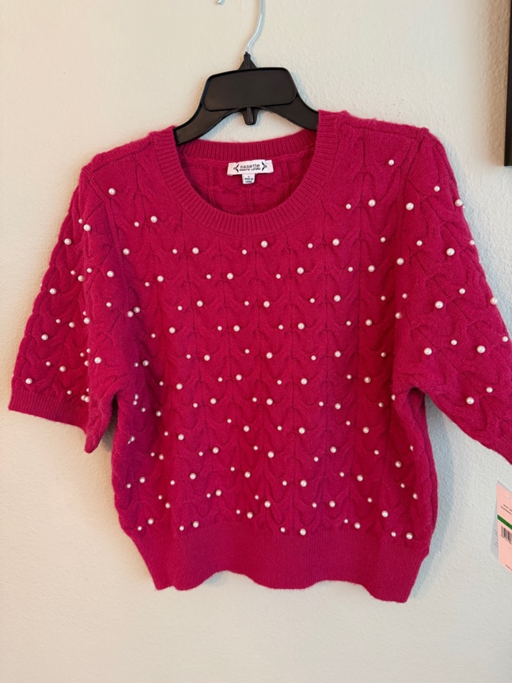 Nanette Lepore Fuchsia Pearl-Studded Short-Sleeve Crew Sweater